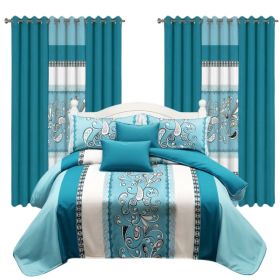 9 Piece Room In A Bag Quilt And Curtain Set, US Designer Turquoise Aqua Blue Paisley Scroll Print Heavyweight Bedspread With 6 Customizable Windo (Option: King)